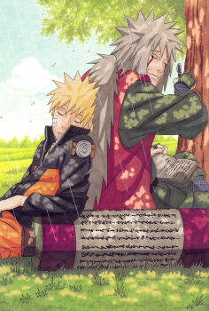2boys absurdres black_jacket blonde_hair book closed_eyes day facial_mark grass highres jacket jiraiya_(naruto) kishimoto_masashi multicolored_jacket multiple_boys naruto_(series) naruto_shippuuden official_art one_eye_closed open_book orange_jacket orange_pants outdoors pants rain scroll short_hair sleeping smile spiked_hair tree two-tone_jacket uzumaki_naruto whisker_markings white_hair
