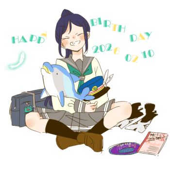 Rule 34 | 1girl, animal charm, bag, black socks, blue hair, blue hat, brown shoes, charm (object), commentary, dated, facing viewer, frog charm, full body, green neckerchief, grey sailor collar, grey skirt, grin, happy birthday, happy party train, hashtag-only commentary, hat, high ponytail, indian style, kase (ks lys), loafers, long hair, long sleeves, love live!, love live! sunshine!!, matsuura kanan, neckerchief, notebook, parted bangs, pleated skirt, ponytail, sailor collar, school bag, school uniform, serafuku, shirt, shoes, sidelocks, sitting, skirt, smile, socks, solo, stuffed animal, stuffed dolphin, stuffed toy, untranslatable commentary, uranohoshi school uniform, white shirt, winter uniform