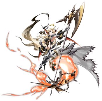 1girl absurdres aqua_eyes arm_guards armor axe battle_axe black_armor blonde_hair breasts broken broken_chain cape chain chained curtained_hair elbow_gloves facing_to_the_side faulds fins fire fish_tail flame-tipped_tail floating floating_clothes floating_hair from_side full_body game_cg gloves gold_trim grey_cape grey_gloves head_fins highres holding holding_axe holding_weapon kneeless_mermaid langrisser langrisser_mobile long_hair looking_at_viewer looking_to_the_side medium_breasts mermaid monster_girl nymph_(langrisser) official_alternate_costume official_art open_mouth pants parted_bangs pauldrons second-party_source shoulder_armor simple_background solo standing stomach strap tachi-e tail transparent_background vambraces very_long_hair waist_cape warrior weapon white_pants