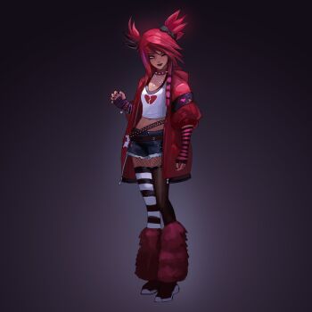 ;) alternate_costume belt black_hair black_thighhighs broken_heart brown_eyes choker denim denim_shorts full_body hand_up heart heart_necklace heart_print highres jacket jewelry league_of_legends lucy_(somewhat_irked) navel necklace one_eye_closed open_clothes open_jacket pink_choker red_hair red_jacket shirt shorts smile solo standing thighhighs twintails white_shirt white_thighhighs zeri_(league_of_legends)