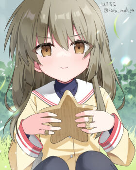 Rule 34 | 1girl, bandaid, bandaid on finger, bandaid on hand, black pantyhose, brown eyes, clannad, closed mouth, feet out of frame, grey hair, haruchimo, highres, hikarizaka private high school uniform, holding, holding star, ibuki fuuko, long sleeves, on grass, outdoors, pantyhose, sailor collar, school uniform, shirt, sitting, smile, solo, star (symbol), starfish, twitter username, white sailor collar, yellow shirt