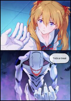 1girl 1other artist_request bishoujo_senshi_sailor_moon blue_eyes blush brown_hair creepy derivative_work grin hair_ornament hairclip halloween highres long_hair looking_at_another mass_production_eva meme neon_genesis_evangelion parody sailor_moon_redraw_challenge_(meme) school_uniform screenshot_redraw smile souryuu_asuka_langley teeth thighs tokyo-3_middle_school_uniform trick_or_treat twintails what