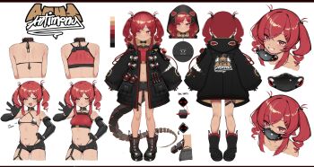 1girl absurdres achi_antimony black_gloves bomb boots bra coat collar crop_top explosive gloves highres mechanical_tail official_art panty_straps project_releum red_eyes red_hair reference_sheet short_shorts shorts smile tail teriibol twintails underwear virtual_youtuber