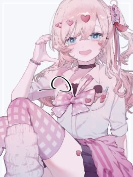 1girl :d bead_bracelet beads black_choker black_skirt blue_eyes bow bowtie bracelet breast_pocket check_commentary choker clothes_around_waist commentary_request facial_mark grey_background gyaru hair_between_eyes hair_ornament hair_ribbon hair_scrunchie hairclip half-heart_hands heart heart_facial_mark heart_hair_ornament highres jacket jacket_around_waist jewelry kedarui_aashii kimi_no_koto_ga_dai_dai_dai_dai_daisuki_na_100-nin_no_kanojo kogal leg_warmers long_hair loose_bowtie mark_under_eye miniskirt one_side_up open_mouth pink_bow pink_bowtie pink_hair pink_jacket pink_scrunchie pink_thighhighs pleated_skirt pocket red_ribbon ribbon scrunchie shirt simple_background sitting skirt sleeves_rolled_up smile solo thighhighs unworn_hair_ornament unworn_hairclip urouro_u_ron white_shirt wing_collar