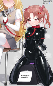 2girls absurdres anger_vein animal_collar arms_behind_back bdsm blonde_hair bodysuit bondage bound box_tie breasts brown_eyes brown_hair brown_sweater_vest cameltoe chair clenched_teeth collar collarbone collared_shirt commentary commission controller crossed_legs elbow_gloves english_commentary female_focus femdom gloves grey_skirt highres holding holding_leash imminent_orgasm kneeling large_breasts latex latex_bodysuit leash long_hair maguro27 miniskirt multiple_girls no_emblem object_insertion paid_reward_available penetration_through_clothes pleated_skirt pussy_juice pussy_juice_trail red_rope remote_control restrained riding_machine rope school_chair school_uniform sex_machine sex_toy shibari shibari_over_clothes shirai_kuroko shirt shokuhou_misaki short_sleeves simple_background skin_tight skirt slave small_breasts smile solo_focus stationary_restraints steaming_body straddling summer_uniform sweat sweater_vest sybian teeth thighhighs toaru_kagaku_no_railgun toaru_majutsu_no_index tokiwadai_school_uniform trembling twintails v vaginal vaginal_object_insertion vibrator white_gloves white_shirt white_thighhighs