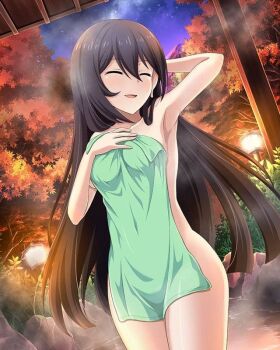 1girl anime_coloring armpits autumn_leaves blonde_hair closed_eyes collarbone commentary_request game_asset hair_between_eyes hand_in_own_hair holding holding_towel kirihime_yoruka leaf long_hair looking_at_another naked_towel night official_art onsen outdoors parted_lips saijaku_muhai_no_bahamut second-party_source smile solo standing steam towel tree