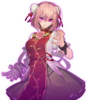 1girl arm_belt bandaged_arm bandages breasts bun_cover chain closed_mouth cuffs double_bun eho_(icbm) flower frown game_cg green_skirt hair_bun ibaraki_kasen labyrinth_of_touhou_(series) labyrinth_of_touhou_tri large_breasts looking_at_viewer non-web_source official_art pink_flower pink_hair pink_rose puffy_short_sleeves puffy_sleeves purple_theme red_tabard rose shackles shirt short_sleeves skirt solo tabard touhou transparent_background white_shirt