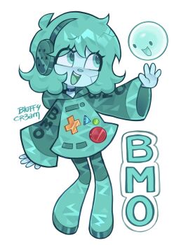 1girl adventure_time amezcuosa aqua_eyes aqua_hair aqua_skin artist_name bmo bubble character_name colored_skin headphones highres hood hood_down humanization long_sleeves open_mouth simple_background smile white_background wide_sleeves