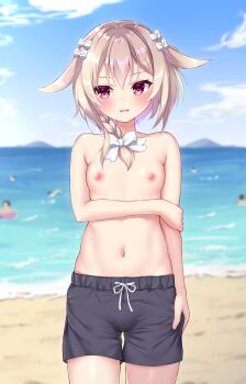 1girl absurdres ambiguous_gender armpit_crease bare_arms beach blue_sky blurry blurry_background blush bow braid breasts bulge commentary_request commission cowboy_shot crossdressing crossdressing_(ftm) day eyelashes hair_between_eyes hair_bow highres hoshi_no_otome_to_rikka_no_shimai light_brown_hair looking_to_the_side male_swimwear male_swimwear_challenge navel ncontrail_(mgax7527) nipples ocean open_mouth outdoors red_eyes reverse_trap shiny_skin short_hair_with_long_locks shy single_braid skeb_commission sky small_breasts solo standing stomach straight-on sweatdrop swim_trunks topless_female wavy_mouth white_bow yamabuki_yuki