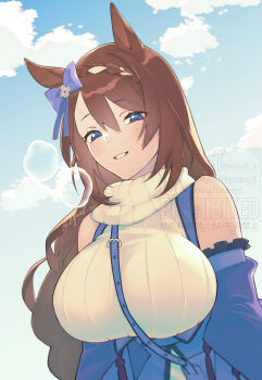 1girl animal_ears bare_shoulders blue_bow blue_dress blue_eyes blue_sky blush bow braid breasts brown_hair cloud dress ear_bow ear_ribbon equal_ic hair_between_eyes highres horse_ears horse_girl large_breasts long_hair looking_at_viewer multicolored_hair open_mouth ribbed_sweater sky sleeveless sleeveless_sweater smile solo streaked_hair super_creek_(umamusume) sweater teeth umamusume very_long_hair white_hair white_sweater