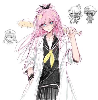 1girl 2boys alternate_costume alternate_hairstyle aubrey_(faraway)_(omori) aubrey_(omori) baseball_bat black_bow black_skirt bow closed_mouth collarbone commentary_request double-parted_bangs double_v ear_piercing hair_between_eyes hair_bow hat highres holding holding_baseball_bat kel_(faraway)_(omori) kel_(omori) long_hair long_sleeves looking_at_viewer multiple_boys nail_(hardware) nail_bat neckerchief omori piercing pleated_skirt ponytail salt_xs2 short_sleeves simple_background sketch skirt sunny_(omori) v white_background yellow_neckerchief