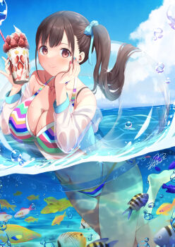 Rule 34 | 1girl, animal, azuma yuki, bare shoulders, bikini, blue bow, blue sky, bow, breasts, brown hair, cleavage, closed mouth, cloud, commentary request, cup, day, fish, food, fruit, groin, hair bow, hands up, highres, holding, holding cup, hood, hood down, hooded jacket, idolmaster, idolmaster shiny colors, innertube, jacket, large breasts, long sleeves, off shoulder, open clothes, open jacket, outdoors, partially submerged, partially underwater shot, red eyes, see-through clothes, side ponytail, sky, smile, solo, sonoda chiyoko, strawberry, striped bikini, striped clothes, swim ring, swimming, swimsuit, underwater, water, wet jacket