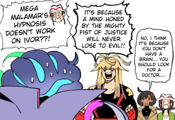 1boy black_bodysuit black_hair blonde_hair bodysuit bodysuit_under_clothes brown_hair brown_jacket commentary dark-skinned_female dark_skin emma_(pokemon) english_commentary english_text fingerless_gloves gen_6_pokemon gloves green_jacket hair_ornament harmony_(pokemon) hat ivor_(pokemon) jacket long_hair malamar mega_malamar mega_pokemon mole nintendo pokemon pokemon_(creature) pokemon_legends:_z-a shirt short_hair simple_background speech_bubble striped_hat tentacles wanderjegson white_background white_hat white_shirt