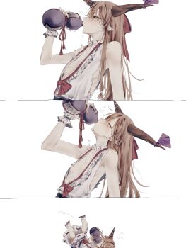 1girl absurdres alcohol armpits brown_eyes brown_hair dededon_(2suy_aas) drink flat_chest highres horns ibuki_suika loli long_hair off_shoulder pointy_ears ribbon sake simple_background touhou white_background