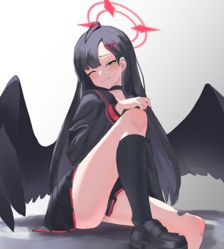 1girl ;) absurdres ahoge black_choker black_hair black_serafuku black_socks black_wings blue_archive blush choker closed_mouth commentary feathered_wings halo highres ichika_(blue_archive) knee_up kneehighs long_hair looking_at_viewer one_eye_closed pleated_skirt ramyun_(shcks97) red_halo revision school_uniform serafuku sitting skirt smile socks solo unusually_open_eyes very_long_hair wings