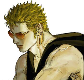1boy closed_mouth commentary earrings green_hair highres jewelry junkboh male_focus one_piece profile roronoa_zoro scar scar_across_eye scar_on_face short_hair sideburns simple_background sleeveless solo sunglasses upper_body white_background