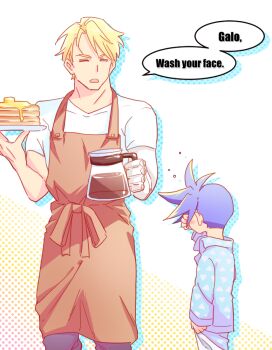 2boys aged_down ahoge apron batakopart2 blonde_hair blue_hair child coffee_pot english_text food galo_thymos holding holding_plate kray_foresight looking_at_another male_focus multiple_boys pajamas pancake pancake_stack plate promare shirt short_sleeves simple_background speech_bubble spiked_hair standing white_background white_shirt