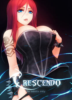 1girl bare_shoulders blue_eyes breasts bursting_breasts cleavage cover cover_page female_focus highres large_breasts league_of_legends long_hair looking_at_viewer low_neckline pentakill_(league_of_legends) pentakill_sona red_hair ricegnat simple_background smile solo sona_(league_of_legends) spikes tattoo tongue tongue_out