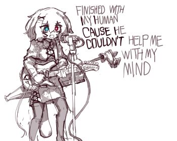 Rule 34 | 1girl, alternate costume, black sabbath, blue eyes, capelet, commentary, english text, greyscale, guitar, hair ornament, heterochromia, highres, instrument, karakasa obake, korean commentary, long sleeves, microphone, microphone stand, monochrome, music, playing guitar, playing instrument, rampa93, red eyes, singing, skirt, solo, spot color, tatara kogasa, thighhighs, touhou, umbrella, x hair ornament