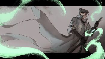 absurdres black_bodysuit black_hair bodysuit coat colored_smoke commentary cowboy_shot deepwoken english_commentary hair_bun highres holding holding_sword holding_weapon letterboxed logicsterrr open_clothes open_coat popped_collar serious sheath short_hair sleeves_rolled_up smoke sword unsheathing weapon white_coat wind