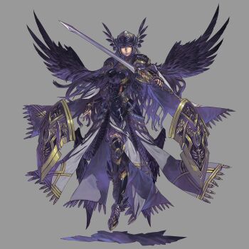 1girl armor bird black_hair breasts crow gem helm helmet highres hrist_valkyrie kazama_raita knight long_hair norse_mythology orange_gemstone purple_hair purple_theme red_eyes shield sword valkyrie valkyrie_anatomia valkyrie_profile_(series) warrior weapon wings