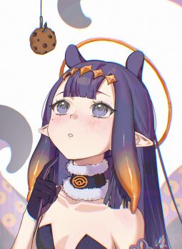 1girl ani_019 bare_shoulders black_collar black_gloves blunt_bangs center-flap_bangs collar commentary flat_chest fur-trimmed_collar fur_trim gloves gradient_hair half_gloves headpiece highres hololive hololive_english long_hair mole mole_under_eye multicolored_hair ninomae_ina&#039;nis ninomae_ina&#039;nis_(1st_costume) orange_hair parted_lips pointy_ears purple_hair sidelocks simple_background solo straight_hair tentacle_hair tentacles upper_body virtual_youtuber