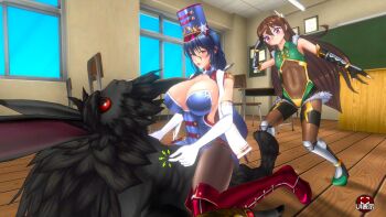 1girl 2boys 3d action_taimanin alternate_costume androgynous blue_hair boots breasts brown_hair character_request classroom cosplay curvy full_body fur gloves hair_ornament hairclip hand_on_own_hip hat high_ponytail highleg highleg_leotard highres huge_breasts leotard lilith-soft lips long_hair looking_at_another looking_to_the_side monster_boy multiple_boys official_alternate_costume ponytail rabbit_ears screencap see-through_clothes see-through_leotard shiny_clothes simple_background skirt smile taimanin_(series) trap uehara_rin uehara_shikanosuke very_long_hair what wide_hips