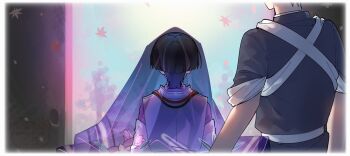 Rule 34 | 2boys, arms at sides, black hair, black kimono, blunt ends, border, commentary request, doorway, facing away, falling leaves, floral print veil, from behind, genshin impact, height difference, japanese clothes, kariginu, katsuragi (genshin impact), kimono, layered sleeves, leaf, long sleeves, maple leaf, multicolored hair, multiple boys, purple hair, purple kimono, purple sleeves, purple veil, scaramouche (genshin impact), scaramouche (kabukimono) (genshin impact), see-through clothes, see-through veil, sleeves rolled up, streaked hair, string, tasuki, veil, w 0reha, watermark, white border, white sleeves