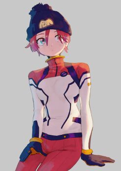 1girl amate_yuzuriha aqua_eyes bodysuit breasts closed_mouth earrings gundam gundam_gquuuuuux hat highres jewelry mecha_pilot_suit multicolored_bodysuit red_hair science_fiction short_hair simple_background sitting solo uma4kauma upper_body