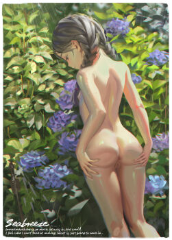 1girl absurdres alphonse_(white_datura) anus ass black_hair braid censored cleft_of_venus closed_mouth completely_nude dated deep_skin english_text eyebrows feet_out_of_frame female_focus flat_chest flower from_behind grabbing_own_ass half-closed_eyes highres hydrangea kneepits legs_together loli long_hair mosaic_censoring nipples nude original profile pussy realistic shiny_skin solo spread_ass standing twin_braids wet