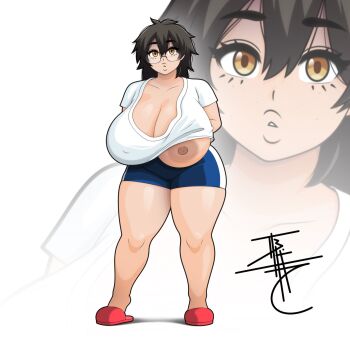 1girl absurdres aki_mary artist_request breasts cleavage curvy female_focus full_body gigantic_breasts glasses highres lips looking_at_viewer medium_hair one_breast_out shorts slippers solo thick_thighs thighs tougen_anki wide_hips yellow_eyes