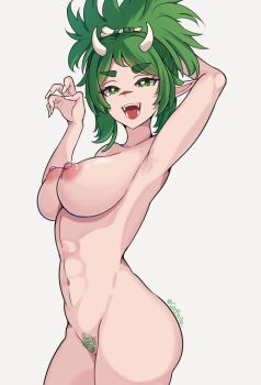 1girl abs absurdres armpit_crease armpits arms_up artist_name ass bone breasts cavewoman coubalty female_pubic_hair highres horns indie_virtual_youtuber large_breasts light_areolae looking_at_viewer meat_(vtuber) navel nipples pointy_ears presenting_armpit pubic_hair puffy_nipples scar scar_on_face scar_on_nose sharp_teeth sideboob simple_background smile solo teeth thick_eyebrows toned toned_female tongue twitter_username upper_teeth_only virtual_youtuber wardrobe_malfunction