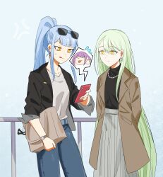 Rule 34 | 2girls, absurdres, alternate hairstyle, anger vein, arms behind back, bag, bang dream!, bang dream! it&#039;s mygo!!!!!, black jacket, black shirt, blue background, blue hair, blue pants, brown coat, cellphone, coat, commentary request, dated commentary, denim, earrings, eyewear on head, green hair, grey shirt, grey skirt, handbag, highres, holding, holding phone, jacket, jeans, jewelry, long hair, long sleeves, multiple girls, neck, outdoors, pants, parted lips, phone, ponytail, railing, shirt, skirt, sleeves rolled up, smartphone, sunglasses, sweat, togawa sakiko, very long hair, wakaba mutsumi, watch, wristwatch, yellow eyes, yuutenji nyamu, yzj21333