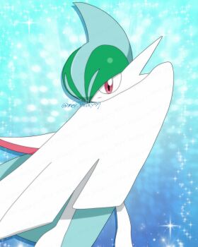 Rule 34 | 1boy, artist name, blue background, blue hair, cape, closed mouth, drop shadow, expressionless, gallade, gen 4 pokemon, green hair, hair over one eye, looking at viewer, male focus, mega gallade, mega pokemon, meru (mer milky77), mohawk, multicolored hair, nintendo, one eye covered, pokemon, pokemon (creature), red eyes, short hair, signature, solo, sparkle, standing, twitter username, two-tone hair, watermark, white cape