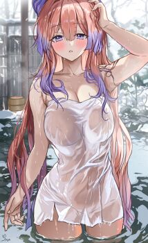 1girl bare_tree blush breasts cleavage collarbone fingernails genshin_impact gradient_hair hair_between_eyes hair_intakes hair_over_shoulder hand_on_own_head hand_up highres large_breasts long_hair looking_at_viewer multicolored_hair naked_towel onsen parted_lips pink_hair purple_eyes purple_hair sangonomiya_kokomi saya_(mychristian2) signature snow snow_on_tree solo thighs towel tree triangle_mouth two-tone_hair wading water wet winter