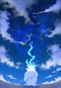 alternate_color blue_fire candle cloud fire gen_5_pokemon green_eyes highres litwick natu_a0z0ra night night_sky nintendo no_humans open_mouth outdoors pokemon pokemon_(creature) pokemon_focus shiny_pokemon sky smile solo star_(sky)