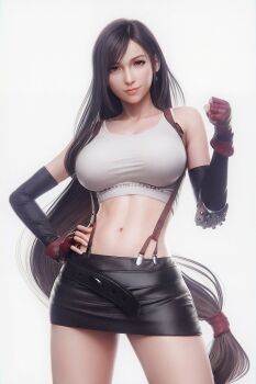 1girl 3d artist_name black_hair black_skirt clenched_hand commentary cowboy_shot crop_top earrings final_fantasy final_fantasy_vii fingerless_gloves gloves hand_on_own_hip hand_up highres jewelry lips long_hair low-tied_long_hair midriff miniskirt navel red_eyes red_gloves simple_background single_earring skirt solo sreliata stomach suspender_skirt suspenders symbol-only_commentary tank_top tifa_lockhart very_long_hair white_background white_tank_top