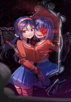 2girls :d absurdres blue_eyes blue_hair blue_skirt breasts candy crazy_mita_(miside) drink_carton flower food heart highres holding holding_knife holding_weapon knife long_hair looking_at_viewer milk_carton mirror miside mita_(miside) multiple_girls nail_polish open_mouth red_eyes robot skirt smile star_(symbol) twintails weapon yise_boli