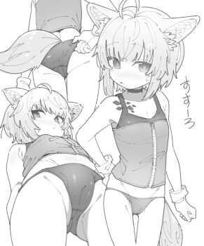 1girl adjusting_clothes adjusting_panties ahoge alternate_costume animal_ears arknights ass bare_shoulders bikini cameltoe choker fox_ears fox_tail from_below gloves gluteal_fold greyscale groin loli material_growth monochrome multiple_views oripathy_lesion_(arknights) panties parted_lips short_hair standing sussurro_(arknights) sweatdrop swimsuit tail underwear yamai_(yamaichandayo)
