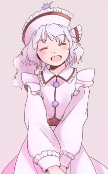 1girl :d blush closed_eyes commentary_request cowboy_shot frilled_cuffs frilled_hat frilled_vest_collar frills grey_hair hat head_tilt long_sleeves merlin_prismriver one-hour_drawing_challenge open_mouth own_hands_together pink_background pink_hat pink_shirt pink_skirt pink_vest rangycrow shirt skirt smile solo sun_hat_ornament touhou vest