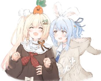 2girls animal_ears animal_hood blonde_hair blue_hair brown_shirt carrot_hair_ornament closed_eyes fang food-themed_hair_ornament grey_hoodie hair_ornament highres hololive hood hoodie looking_at_viewer momosuzu_nene momosuzu_nene_(casual) multiple_girls nekko_(momosuzu_nene) official_alternate_costume one_side_up open_mouth orange_eyes rabbit_ears rabbit_girl rabbit_hood shirt skin_fang smile soutanookiba teeth upper_teeth_only usada_pekora usada_pekora_(casual) virtual_youtuber white_background