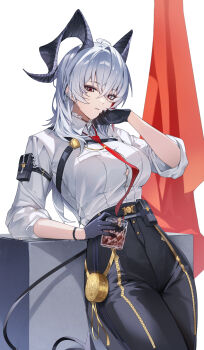 1girl absurdres ahoge arm_pouch black_eyes black_gloves black_horns black_pants black_tail breasts button_gap chest_harness closed_mouth commentary cowboy_shot cup curled_horns demon_tail drinking_glass earrings gloves grey_hair hand_up harness high-waist_pants highres holding holding_cup horns jewelry jira_(0116) key_earrings large_breasts long_hair looking_at_viewer mole mole_under_eye multicolored_eyes multicolored_hair necktie no_jacket pants pouch red_eyes red_necktie shirt shirt_tucked_in solo streaked_hair tail two-tone_eyes white_shirt wuthering_waves zani_(wuthering_waves)