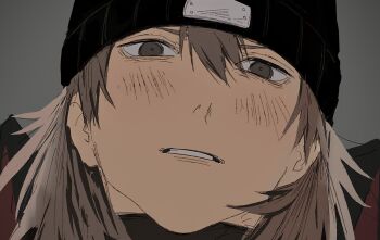 Rule 34 | 1boy, aakaaka78910, aragaki shinjirou, beanie, black hat, blush, brown eyes, brown hair, close-up, grey background, hair between eyes, hat, highres, looking at viewer, male focus, parted lips, persona, persona 3, simple background, solo