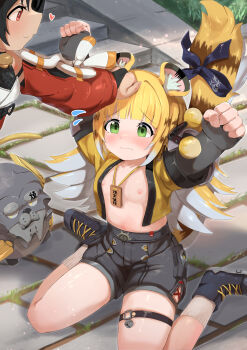 2girls absurdres animal_ears aq_gohan black_gloves black_hair black_shirt black_shoes black_shorts blonde_hair blue_bow bow breasts closed_mouth fingerless_gloves gloves highres hu_wei_(zenless_zone_zero) jacket ju_fufu loli looking_at_viewer multiple_girls navel nekomiya_mana nipples no_bra o-ring o-ring_thigh_strap open_clothes open_jacket red_eyes shirt shoes shorts small_breasts tail tail_bow tail_ornament thigh_strap tiger_ears tiger_girl white_hair yellow_jacket zenless_zone_zero