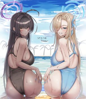 2girls :3 antenna_hair artist_name ass asuna_(blue_archive) bare_arms bare_shoulders beach black_choker black_hair black_one-piece_swimsuit blonde_hair blue_archive blue_eyes blue_halo blue_nails blue_one-piece_swimsuit blue_ribbon blue_sky blush breasts choker commentary competition_swimsuit dark-skinned_female dark_skin dated day earrings from_behind grin hair_between_eyes hair_over_one_eye hair_ribbon halo hand_on_own_ass highleg highleg_one-piece_swimsuit highres jewelry karin_(blue_archive) large_breasts long_hair looking_at_viewer looking_back multiple_girls nail_polish one-piece_swimsuit one_eye_covered outdoors palm_tree purple_halo ribbon sky smile stud_earrings swimsuit ticker_(kks2ksy) tree very_long_hair water water_drop wavy_mouth wet wet_hair yellow_eyes