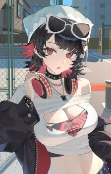 Rule 34 | 1girl, alternate costume, black choker, black hair, black jacket, black shirt, breasts, choker, cleavage cutout, clothing cutout, colored inner hair, commentary request, crop top, ellen joe, eyewear on head, headphones, headphones around neck, highres, jacket, jewelry, large breasts, layered shirt, looking at viewer, midriff, multicolored hair, necklace, open mouth, outdoors, red eyes, red hair, shirt, short hair, single off shoulder, solo, spiked choker, spiked wristband, spikes, usamochi., white shirt, zenless zone zero