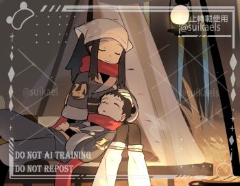 1boy 1girl :o akari_(pokemon) black_hair black_pantyhose black_sash closed_eyes galaxy_expedition_team_survey_corps_uniform grey_jacket grey_pants headscarf highres jacket long_hair looking_at_viewer loose_socks nintendo outdoors pants pantyhose pokemon pokemon_legends:_arceus ponytail red_scarf rei_(pokemon) sash scarf sidelocks sitting sleeping socks suikaels tent upper_body watermark watermark_grid white_headscarf white_socks