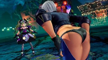 2girls 3d amusement_park angel_(kof) animal_ears ass bat_wings belt bent_over black_gloves black_jacket black_panties blonde_hair chaps cropped_jacket dress eyeball_hair_ornament female_focus fingerless_gloves gloves hair_ornament jacket leather leather_jacket multiple_girls outdoors panties short_hair snk sylvie_paula_paula the_king_of_fighters the_king_of_fighters_xv underwear video_game_screencap white_hair wings