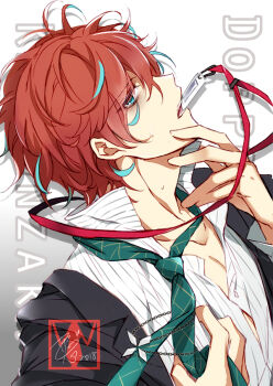 1boy aqua_eyes aqua_streaks bags_under_eyes biting button_gap character_name collarbone from_side grid_print half-closed_eyes hand_on_own_face head_back hypnosis_mic jacket kannonzaka_doppo loose_necktie male_focus necktie partially_unbuttoned pectoral_cleavage pectorals popped_collar profile red_hair shirt solo striped_clothes striped_shirt sweat tsuki_usagi upper_body