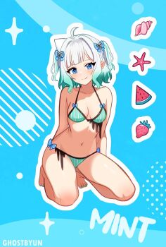 1girl ahoge alternate_costume artist_name bikini blue_eyes bow breasts character_name commentary english_commentary food fruit ghosttbyun gradient_hair green_bikini green_hair hair_bow highres indie_virtual_youtuber kneeling looking_at_viewer mint_fantome multicolored_hair navel pointy_ears seashell shell short_hair simple_background small_breasts smile solo starfish strawberry swimsuit two_side_up virtual_youtuber watermelon white_hair